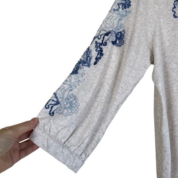 J. Jill PureJill Embroidered Jersey Top Cream Blue Puff Sleeve Peasant Blouse - Picture 5 of 16